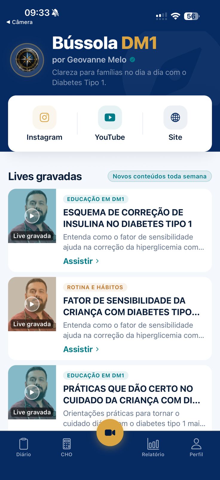 Tela de aulas e lives educativas do Bússola DM1