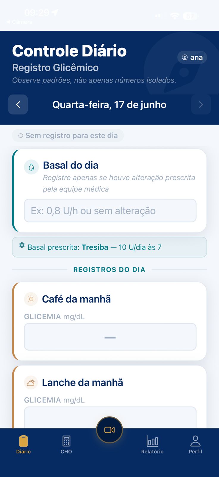 Tela do diário glicêmico do Bússola DM1