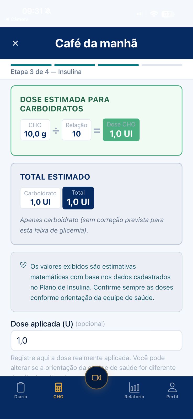 Tela com informações da refeição