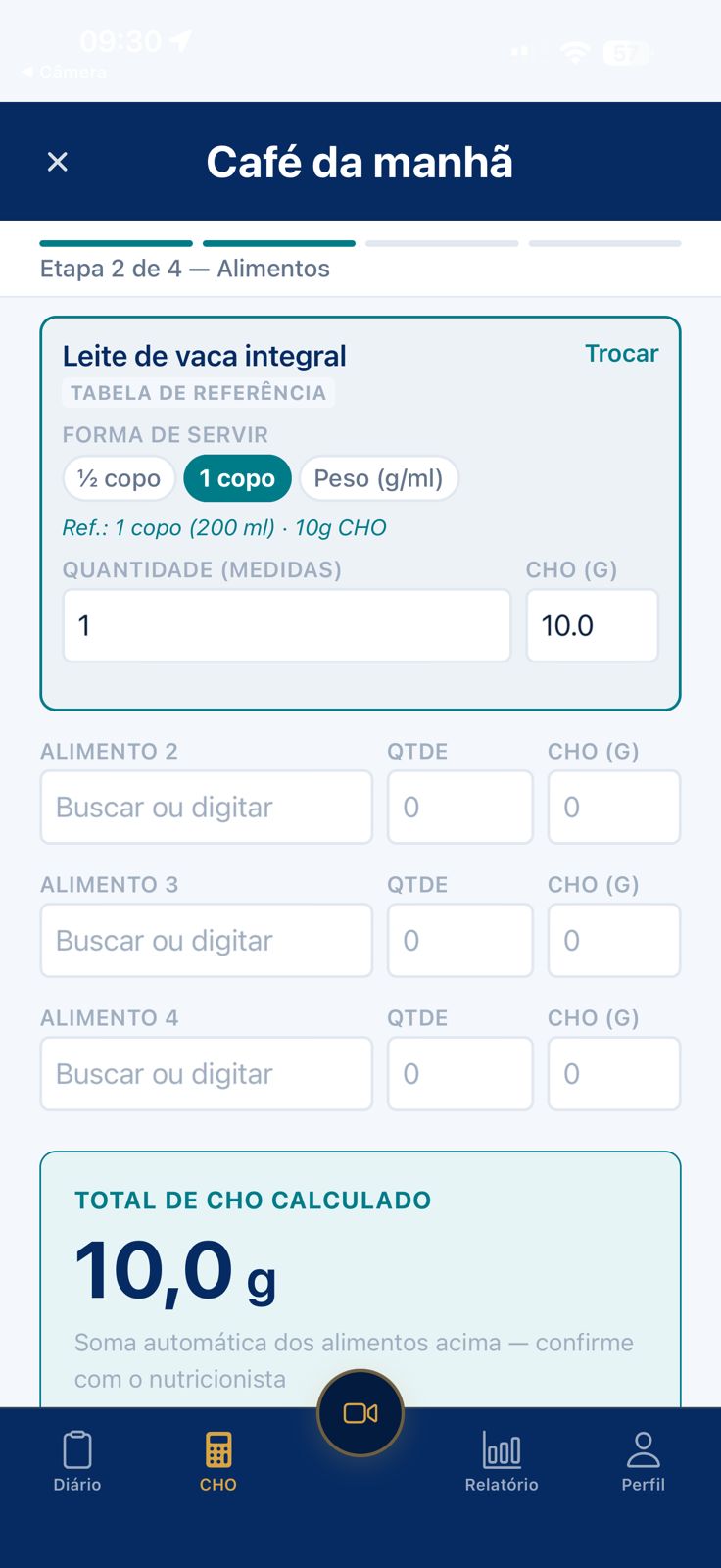 Tela de registro de alimentos e carboidratos no Bússola DM1