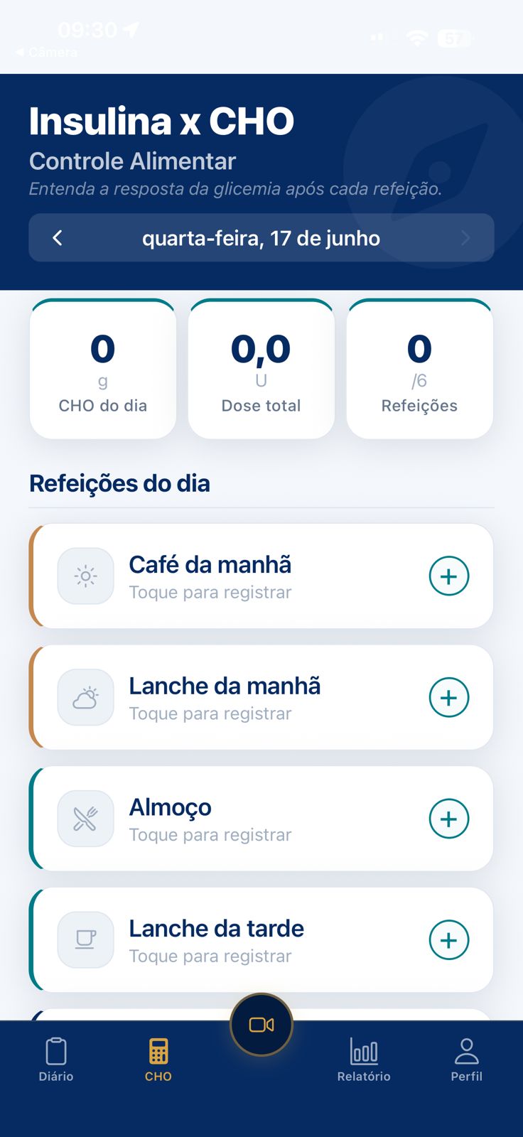 Tela de contagem de carboidratos e informações de insulina